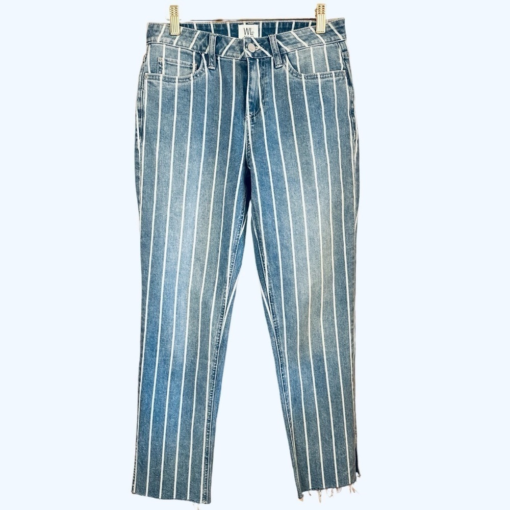 WLab Wash Lab Designer Vera Ankle Blue Striped Crisp Straight Cut Raw Hem Jeans